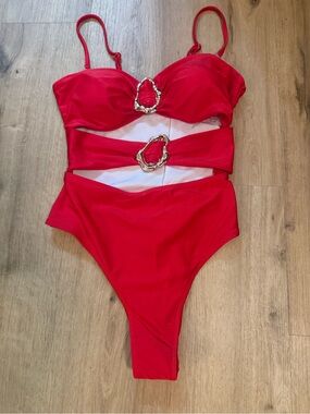SHEIN NWOT: Red One-Piece Cutout Swimsuit with Gold Rings